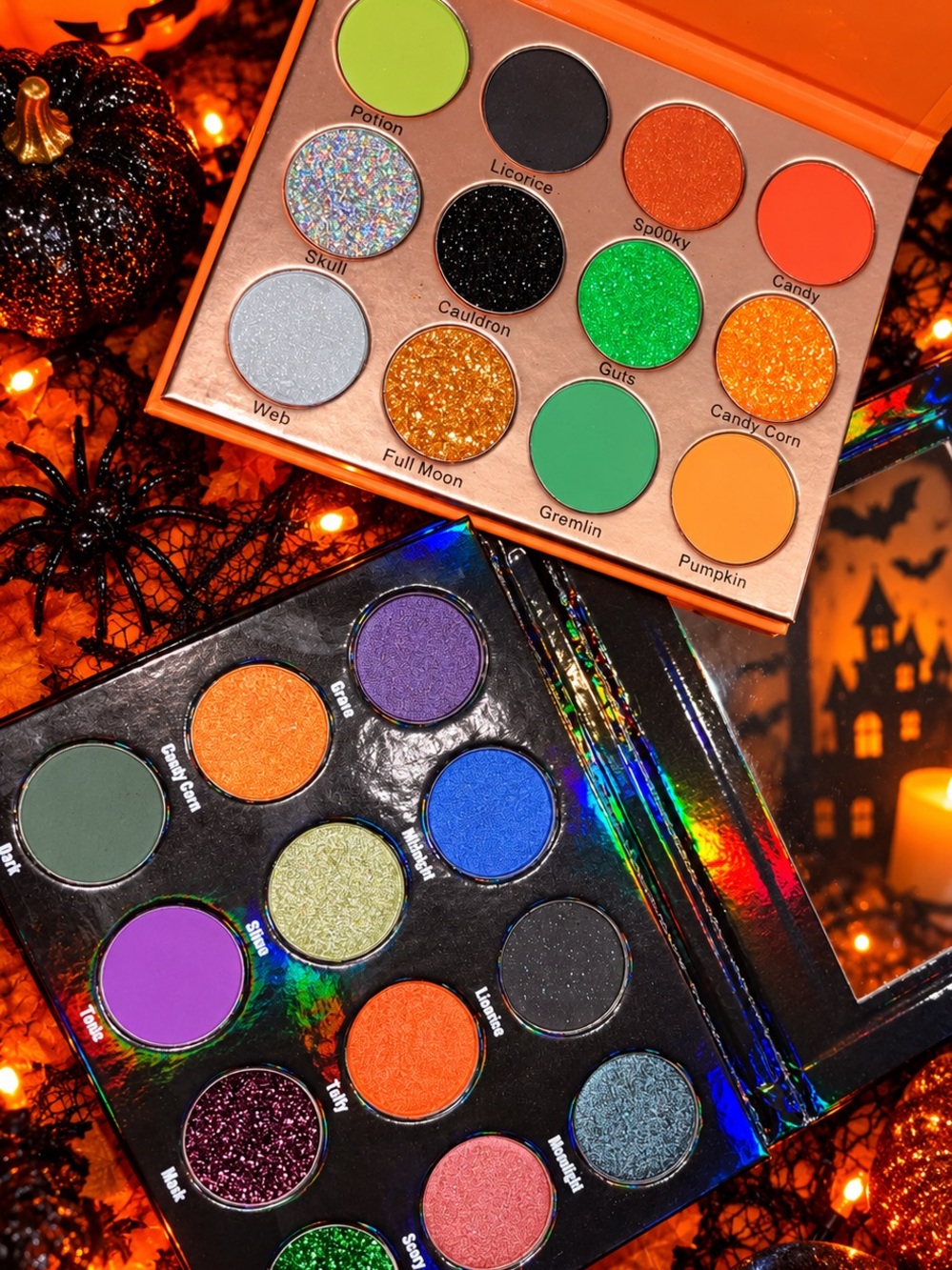 2 Exclusive Vibrant Halloween Eyeshadow Palettes - Green, Orange, Purple, Blue